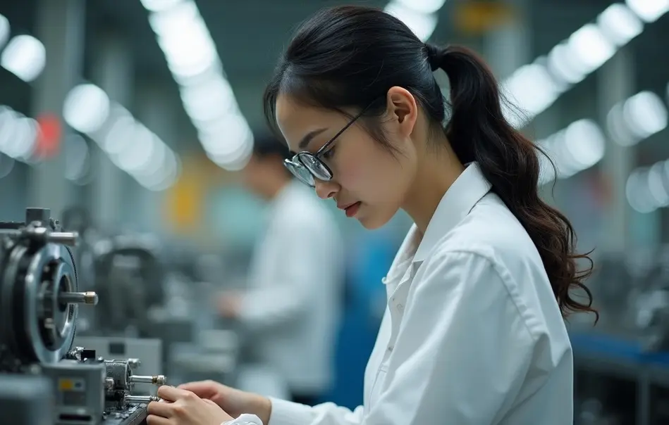 Trabalhadora nikkei inspecionando peça automotiva em linha de montagem moderna em Kofu, Yamanashi