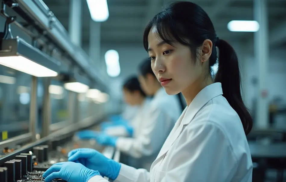Mulher nikkei montando componentes eletrônicos em fábrica moderna em Tomioka, Gunma