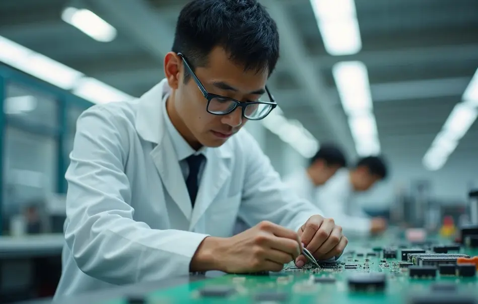 Trabalhador montando componentes eletrônicos em fábrica moderna em Hamamatsu, Shizuoka