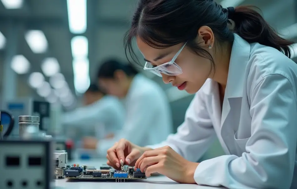 Mulher montando componentes elétricos em fábrica moderna em Iwata, Shizuoka