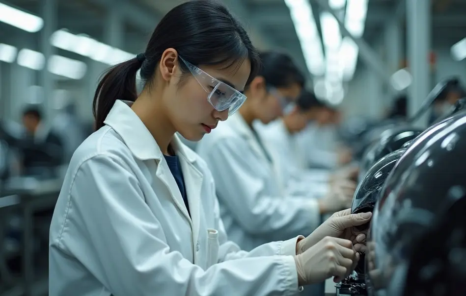 Trabalhadora montando faróis automotivos em fábrica moderna em Makinohara, província de Shizuoka