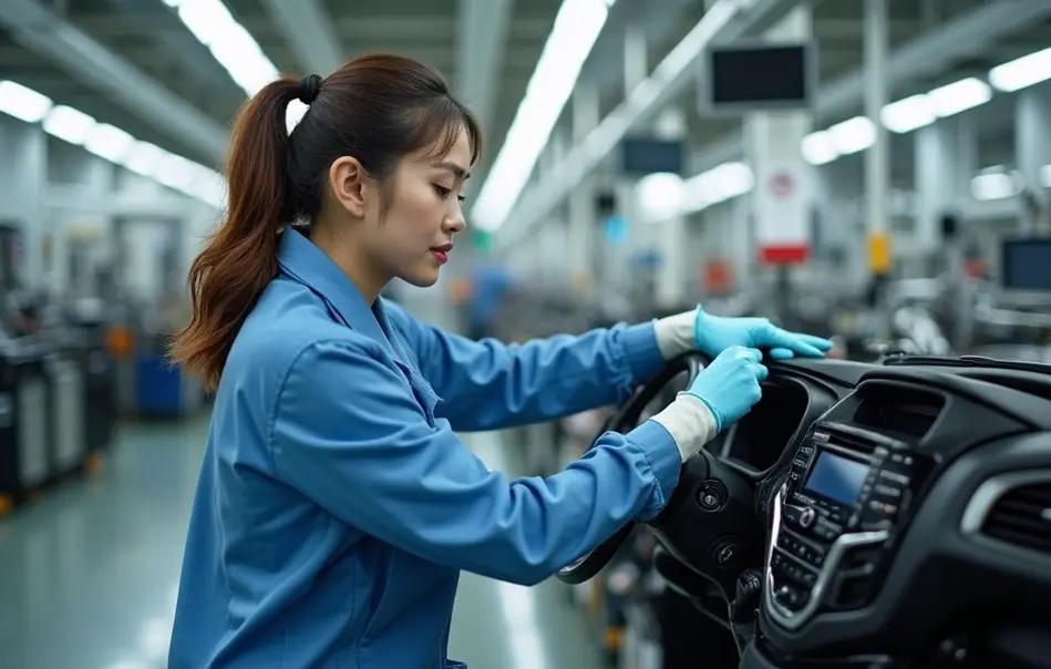 Trabalhadora montando painel instrumental automotivo em fábrica de autopeças em Sagari, Shizuoka