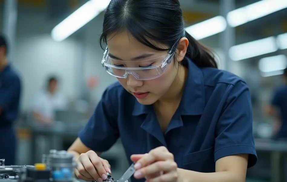 Mulher nikkei montando peças automotivas em fábrica moderna em Hamamatsu Shizuoka