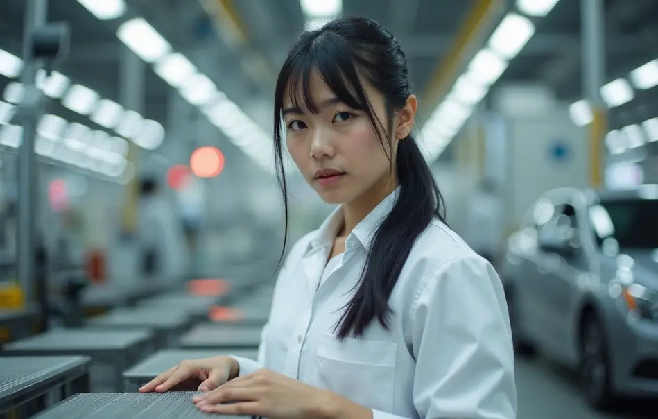 Mulher montando quebra-sol para automóveis em fábrica em Toyota, Aichi, Japão