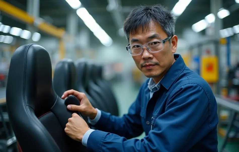 Trabalhador inspecionando banco automotivo em fábrica de autopeças em Higashiomi, Shiga