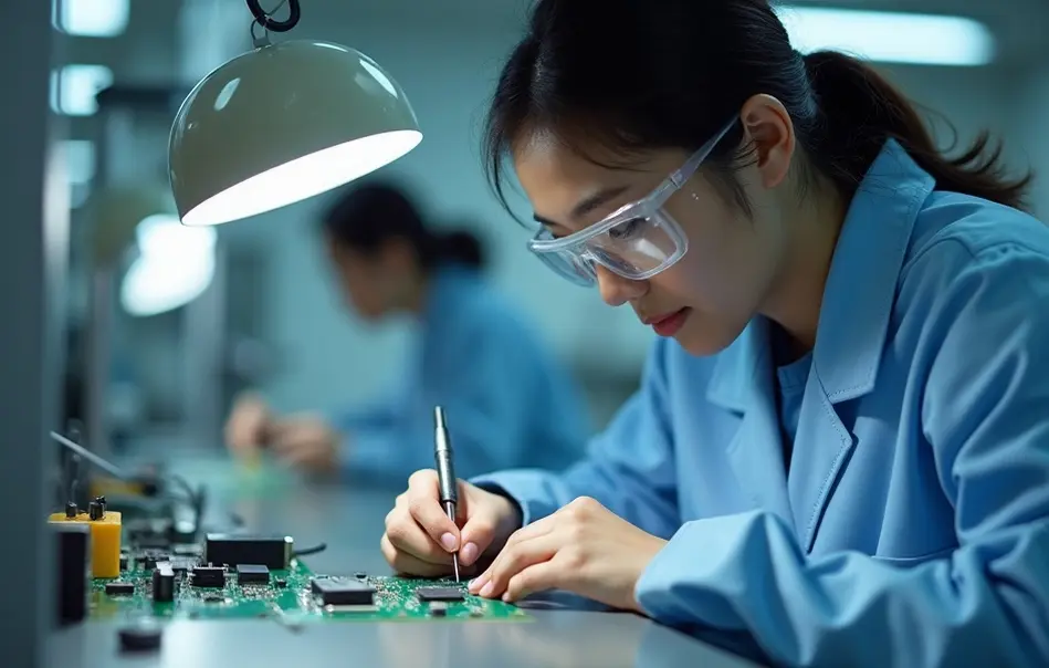 Técnica montando componentes eletrônicos em linha de produção em Kisarazu, Chiba
