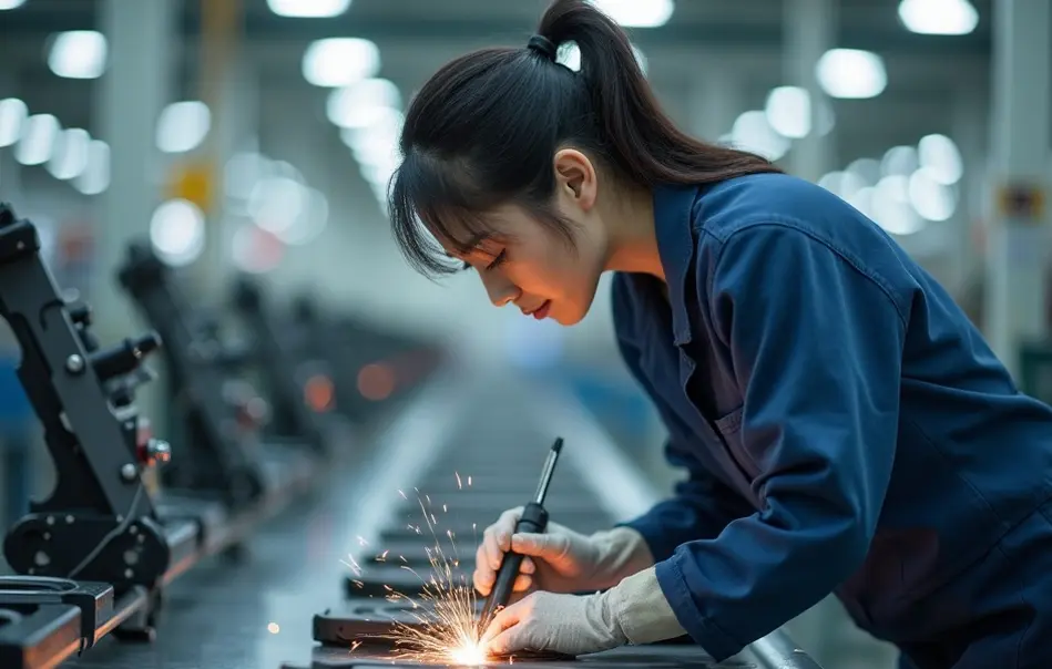 Trabalhadora nikkei realizando solda de bancos de automóveis em fábrica de autopeças em Toyota, Aichi