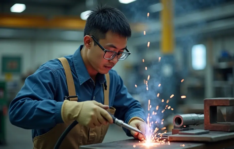 Trabalhador nikkei soldando peças de ar condicionado industrial em fábrica moderna em Nitta, Gunma