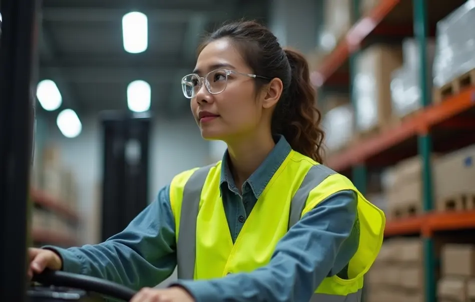Operadora brasileira nikkei dirigindo empilhadeira em armazém industrial moderno em Kasugai, Aichi