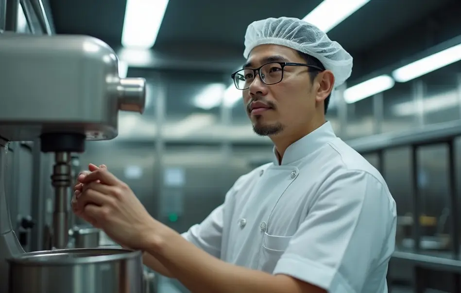Operador nikkei controlando equipamento de cozinha industrial em fábrica de alimentos em Toyoake, Aichi