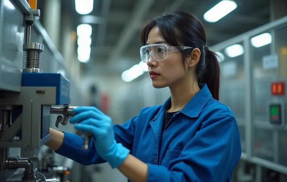 Operadora brasileira nikkei trabalhando com injetora plástica industrial em fábrica moderna em Nagoya, Aichi