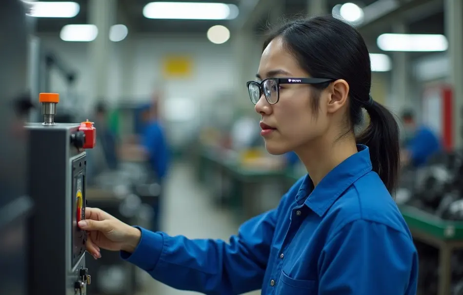 Operadora brasileira nikkei realizando solda spot em linha de produção de autopeças em Toyota, Aichi