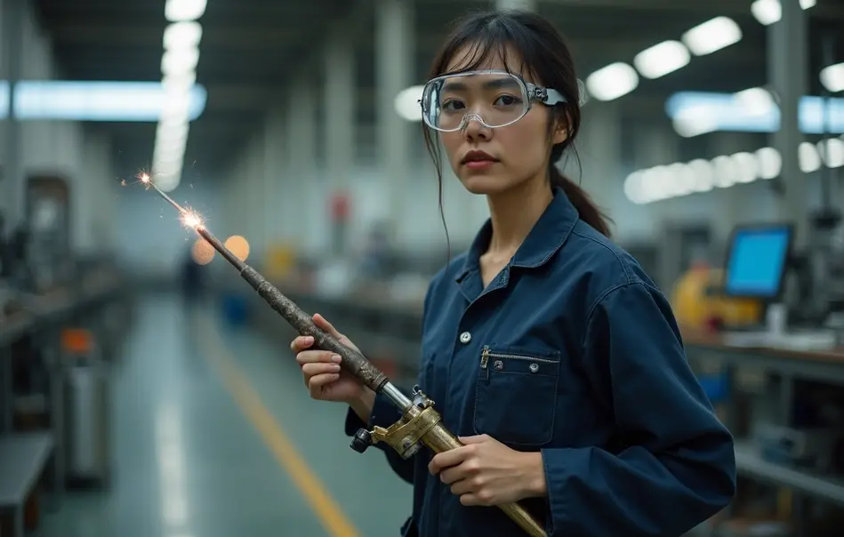 Operadora nikkei de soldagem industrial em fábrica moderna em Iwata, província de Shizuoka