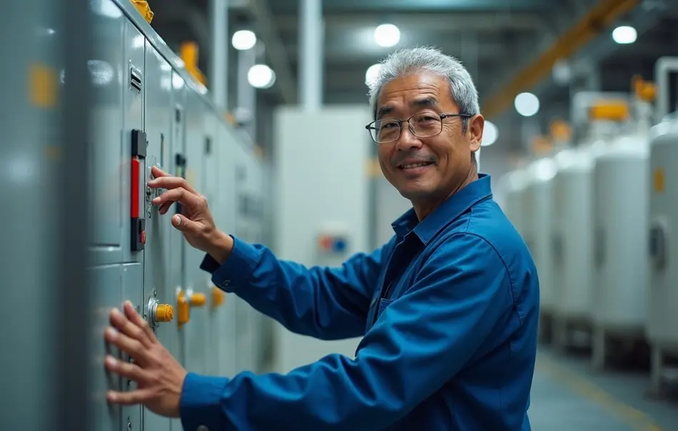Operador brasileiro nikkei em fábrica de celulose em Fuji, província de Shizuoka, Japão