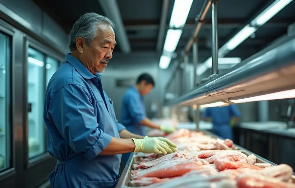 Trabalhador nikkei inspecionando pescados em mercado atacadista em Koto, Tokyo