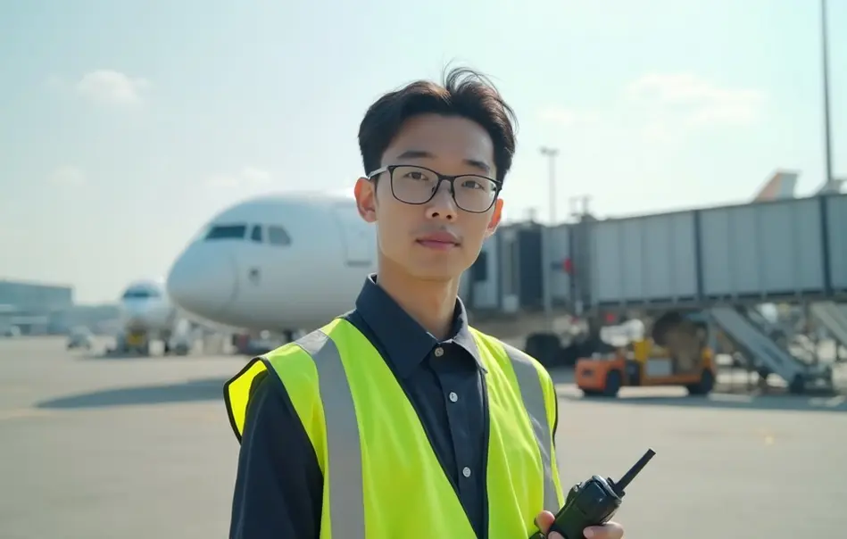 Profissional nikkei em operações de handling no aeroporto de Osaka com colete refletivo