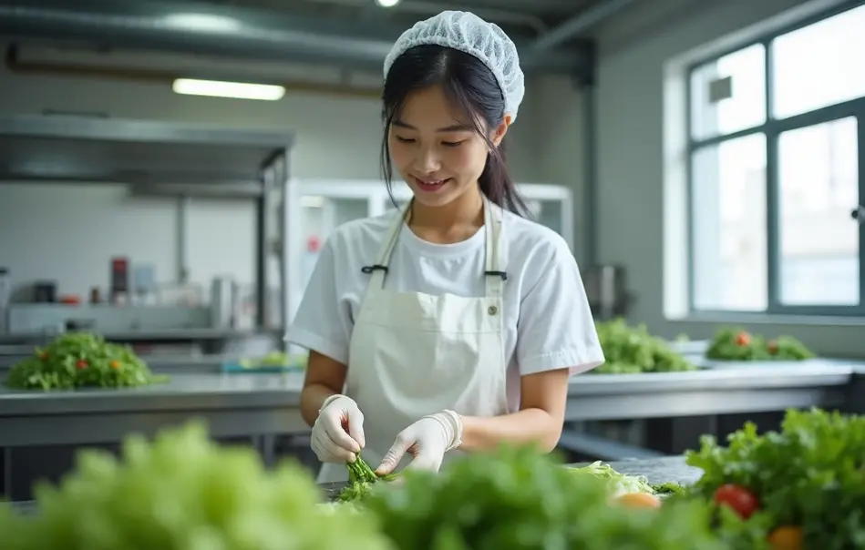 Trabalhadora preparando saladas e alimentos prontos em indústria alimentícia de Seto, Aichi