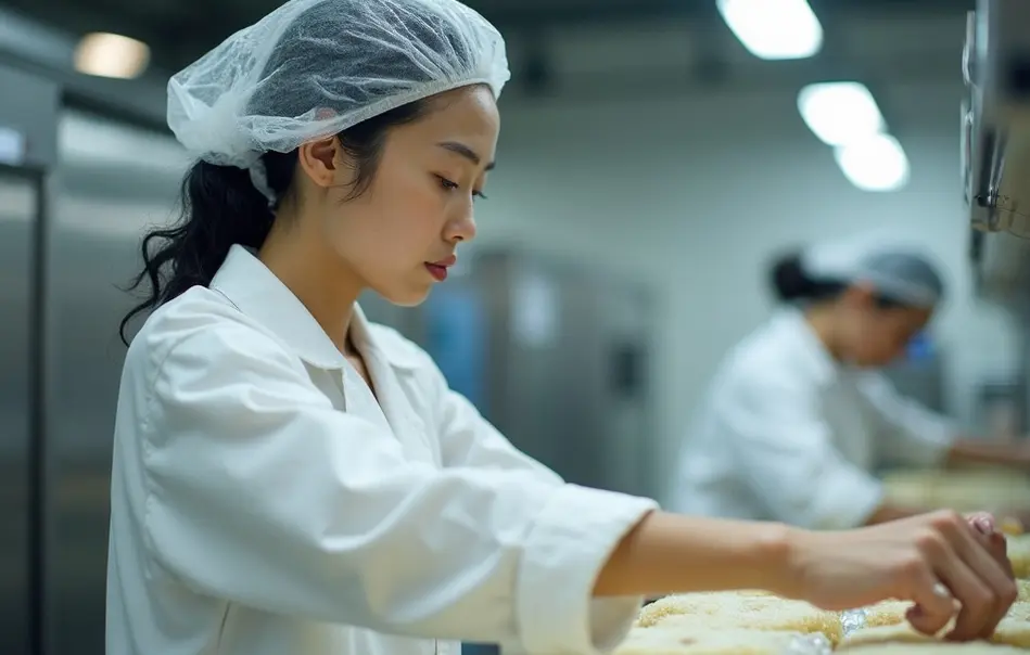 Trabalhadora nikkei em linha de produção de alimentos congelados e bento em fábrica em Ota, Gunma