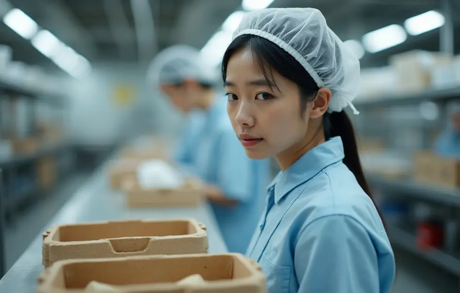 Trabalhadora nikkei processando alimentos congelados e bento em fábrica moderna em Kuwana, Mie