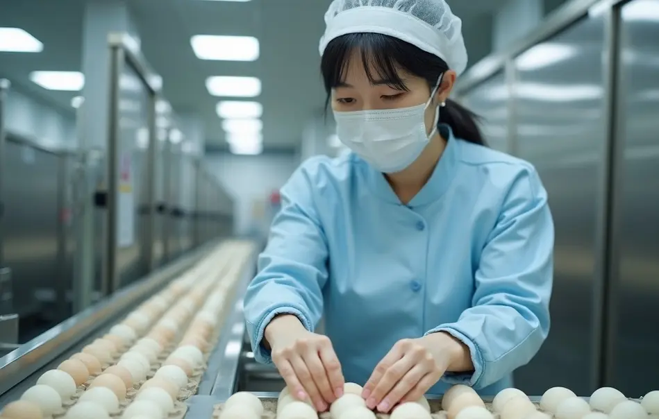 Trabalhadora em linha de processamento de ovos em fábrica de alimentos em Aiko, Kanagawa