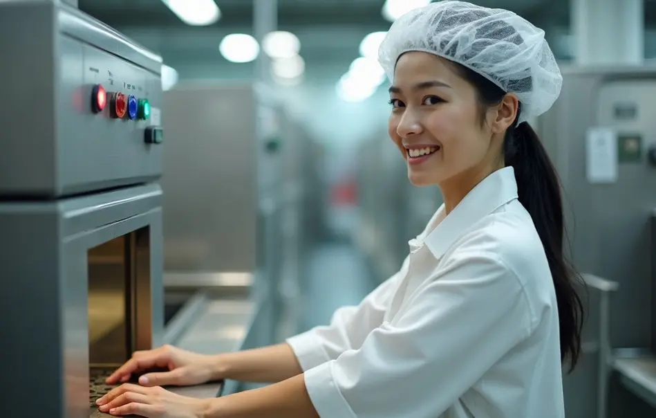 Mulher trabalhando em linha de produção de alimentos à base de soja em fábrica moderna em Maebashi, Gunma