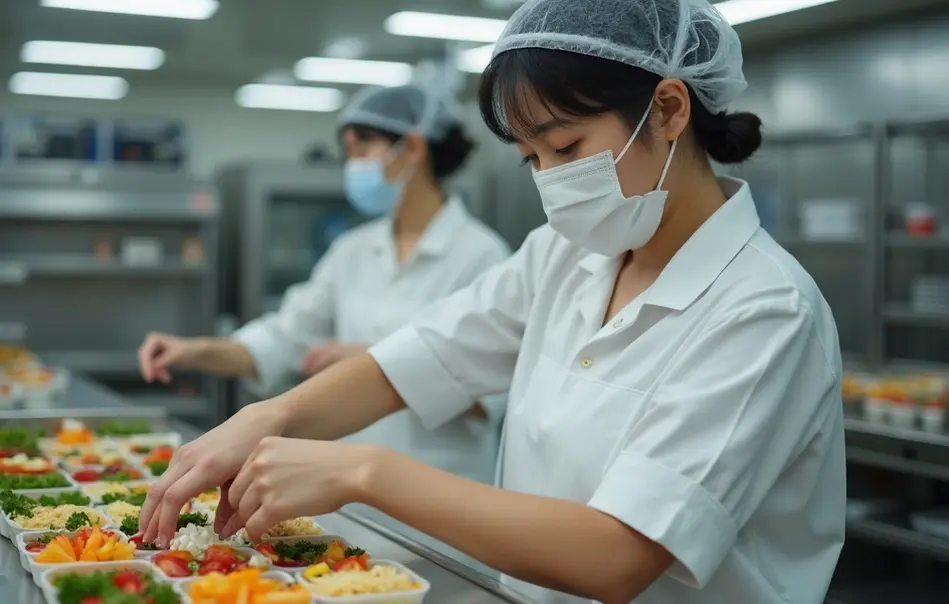 Trabalhadora montando bento em fábrica de alimentos em Yachio, Chiba