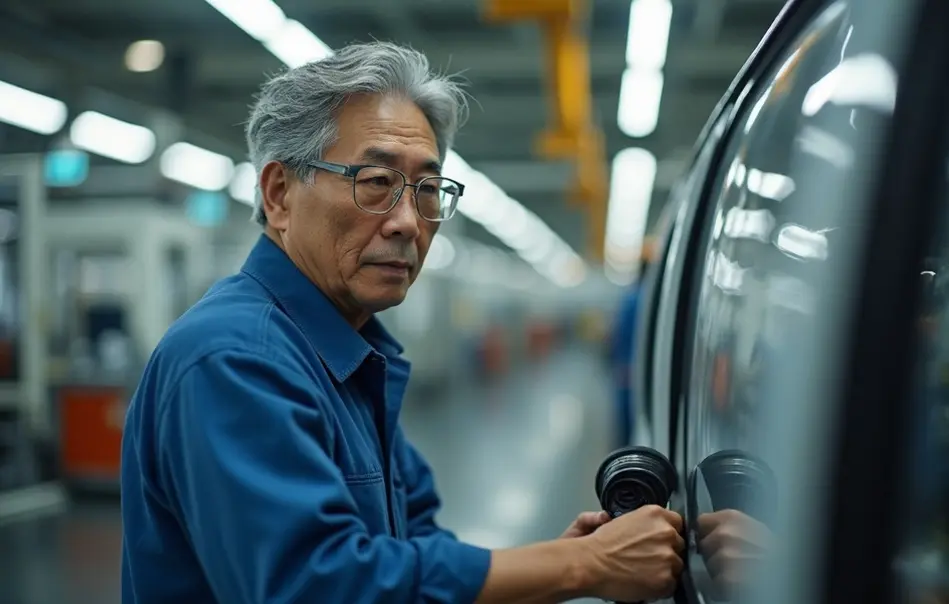 Trabalhador nikkei operando linha de montagem de borrachas automotivas em Fukuroi, Shizuoka