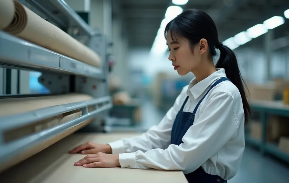 Operadora de produção de carpetes automotivos em fábrica em Buzen, Fukuoka