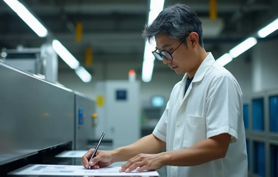 Profissional nikkei operando impressora de cartões em fábrica moderna em Kimitsu, Chiba