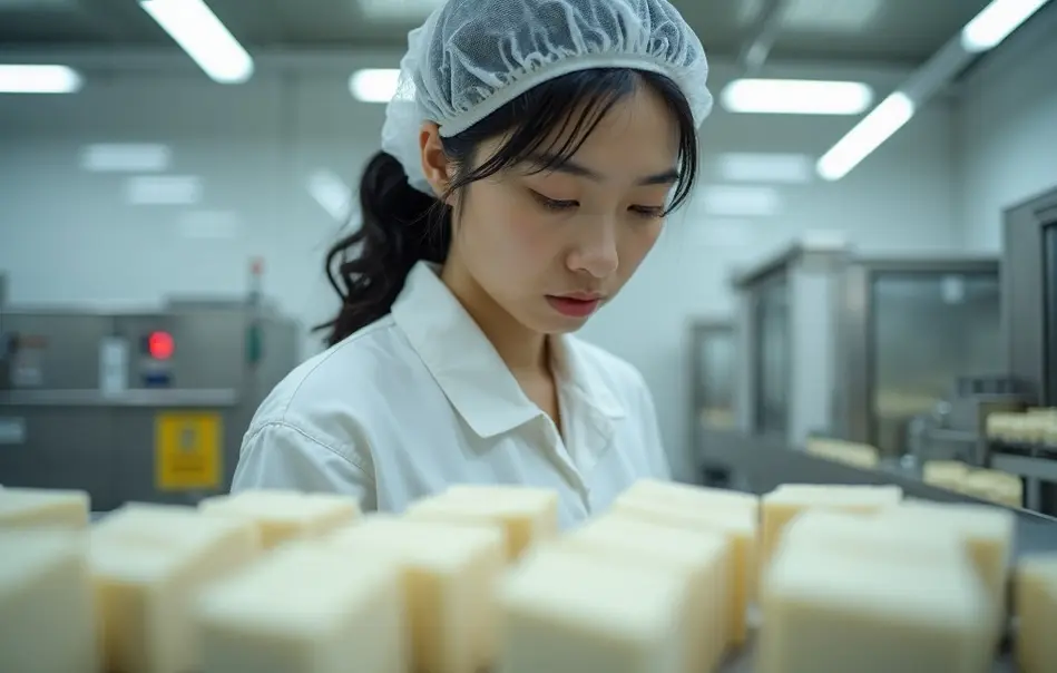 Trabalhadora nikkei na produção de tofu em fábrica alimentícia em Gotemba, Shizuoka
