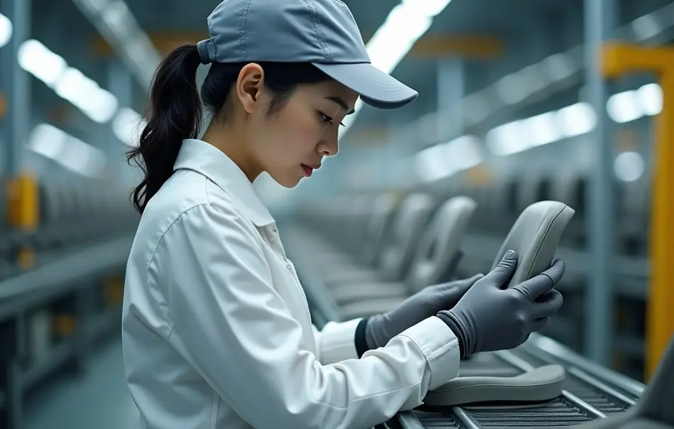 Mulher nikkei inspecionando espumas automotivas em linha de produção em Nishio, Aichi
