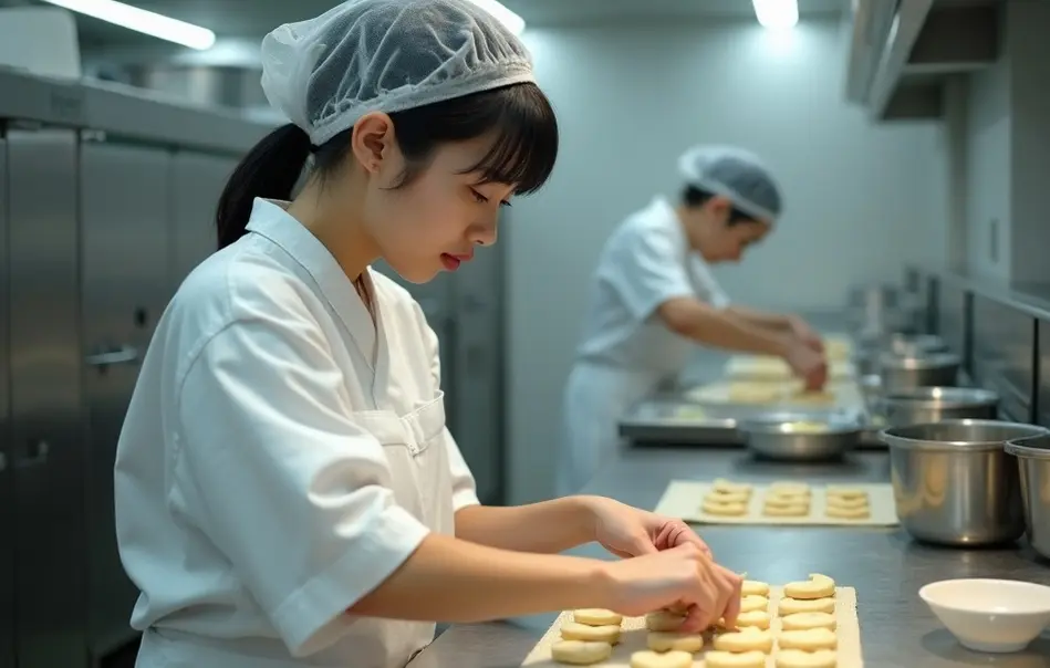 Trabalhadora nikkei preparando gyoza em fábrica de alimentos em Kuwana, província de Mie