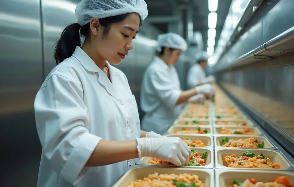 Trabalhadora nikkei em linha de produção de bento e pratos congelados em Oizumi, Gunma