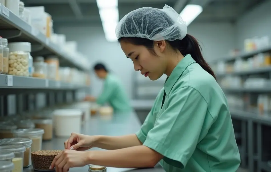 Trabalhadora em linha de produção de alimentos à base de soja em Gotemba, Shizuoka