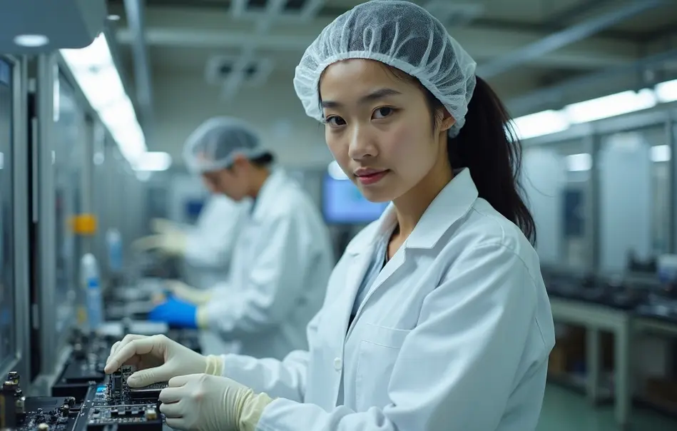 Operadora nikkei inspecionando sensores eletrônicos em linha de montagem moderna em Nagai, Yamagata