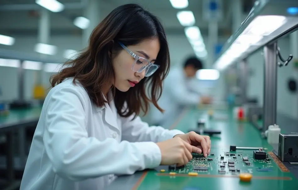 Profissional brasileira nikkei inspecionando sensores eletrônicos em linha de montagem moderna em Nagai, Yamagata
