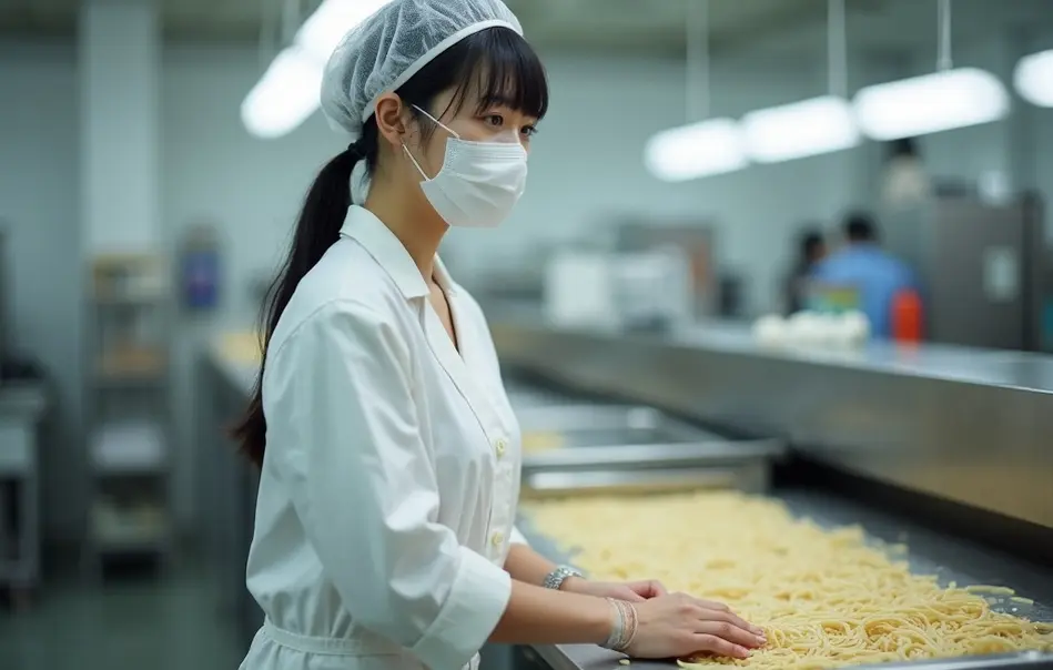 Trabalhadora nikkei na produção de soba e udon em fábrica alimentícia moderna em Toyota, Aichi