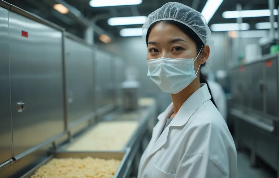 Mulher nikkei operando linha de produção de macarrão soba e udon em fábrica alimentícia em Tomisato, Chiba