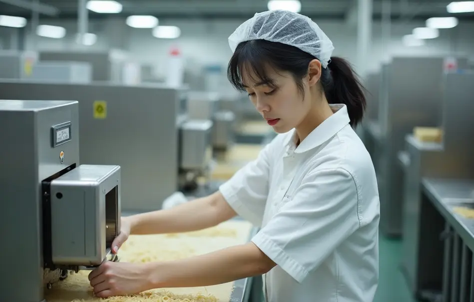 Trabalhadora em linha de produção de macarrão japonês soba e udon em fábrica de alimentos em Miyama, Fukuoka
