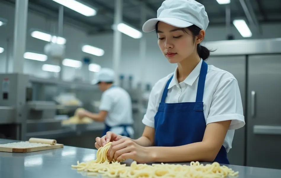 Trabalhadora nikkei na produção de macarrão japonês para conveniências em Nakai, Kanagawa