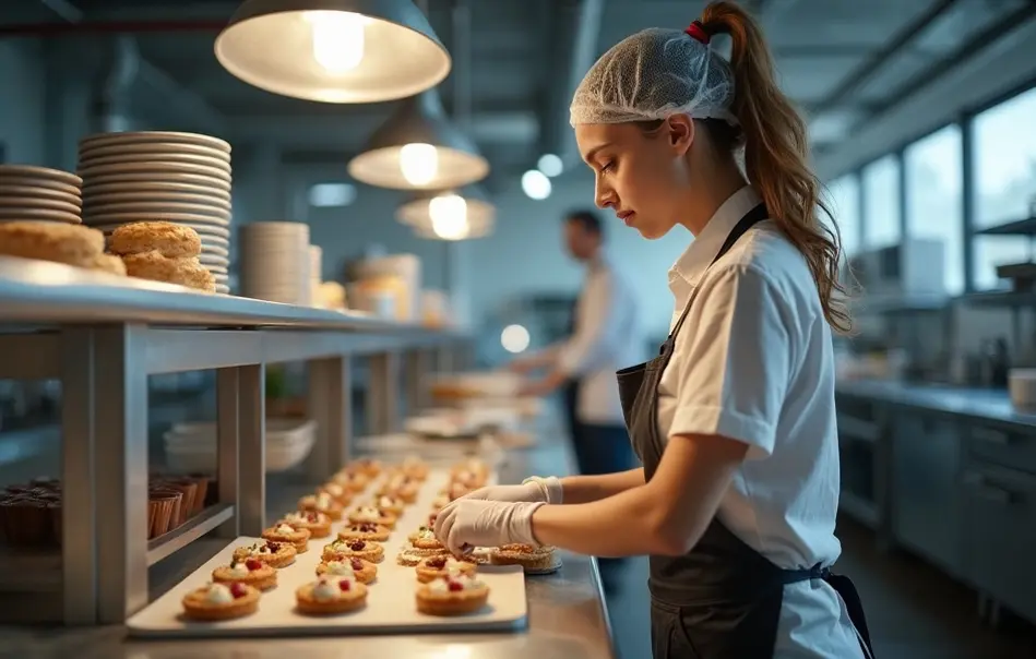 Mulher trabalhando na produção de doces industrializados em fábrica de alimentos em Aisai, Aichi