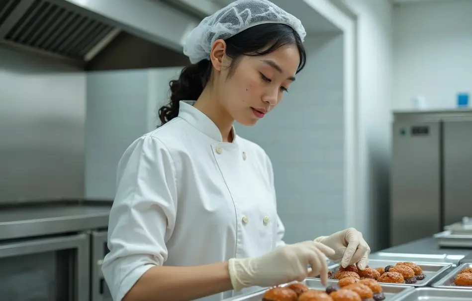 Operadora em linha de produção de doces e sobremesas industrializadas em Sasayama, província de Hyogo