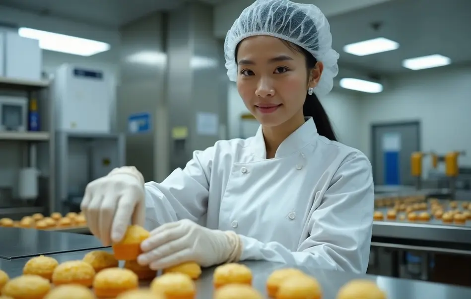 Mulher nikkei trabalhando na produção de doces industrializados em fábrica moderna em Joso, Ibaraki