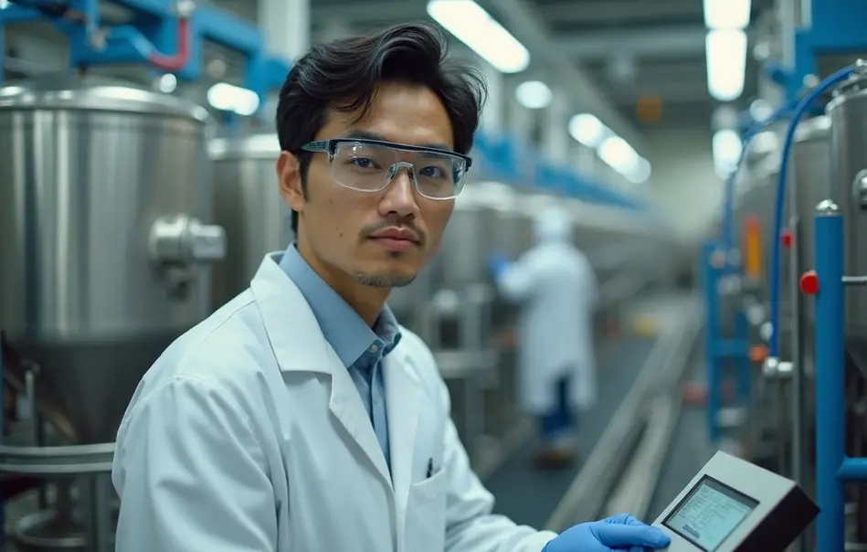 Trabalhador brasileiro operando equipamento de produção de tintas industriais em Kumagaya, Saitama