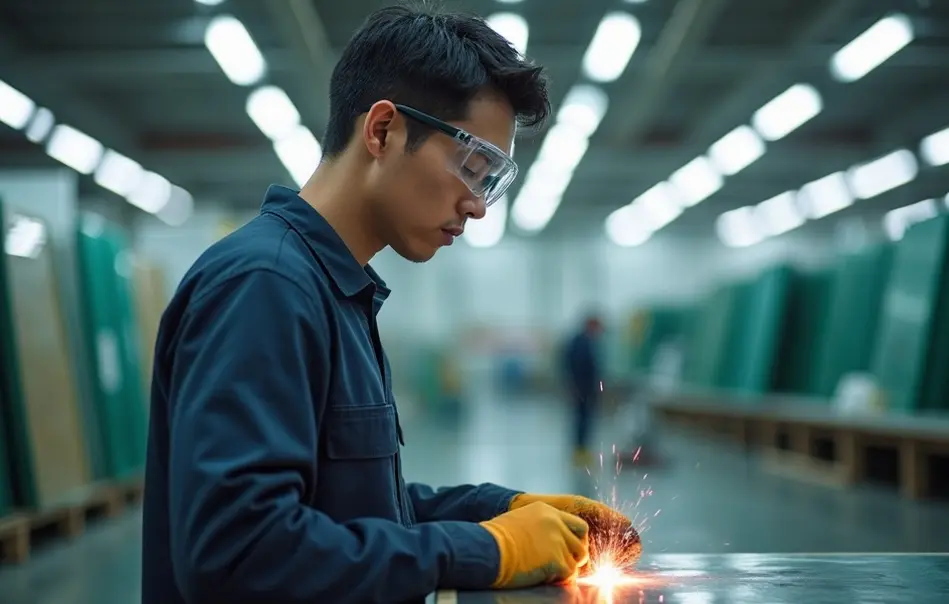 Profissional nikkei operando equipamento de corte de vidro em fábrica moderna em Yokohama, Kanagawa