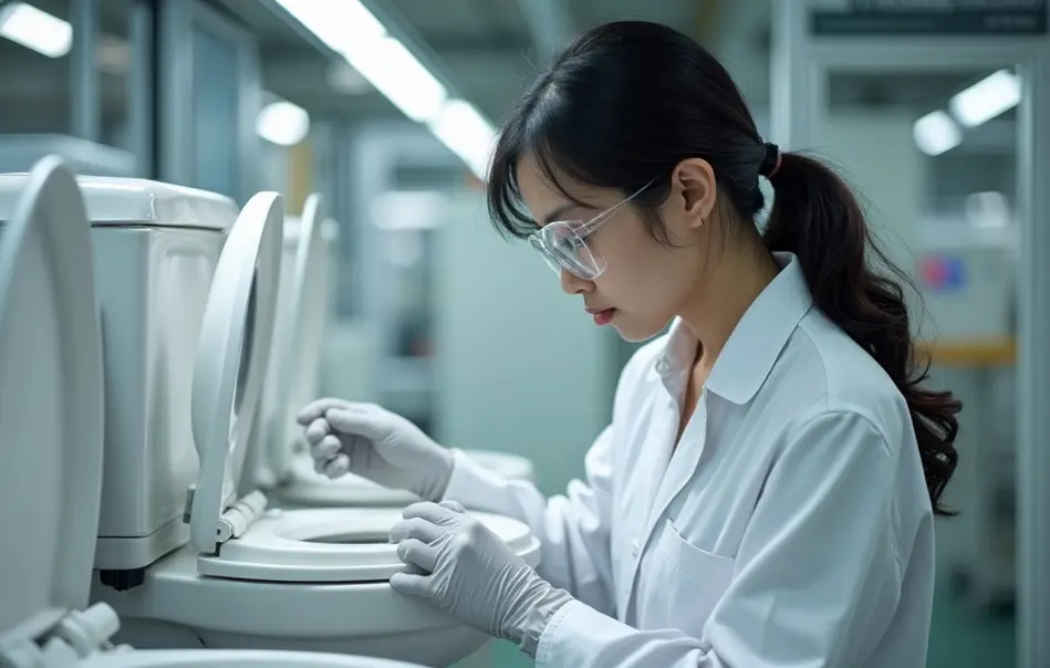 Trabalhadora inspecionando assento sanitário em fábrica de Sakuragawa, Ibaraki