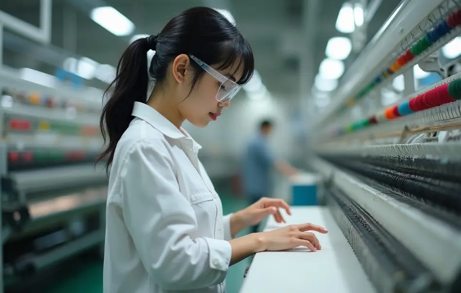 Mulher nikkei operando tear industrial moderno em fábrica têxtil de Anjo, Aichi, Japão