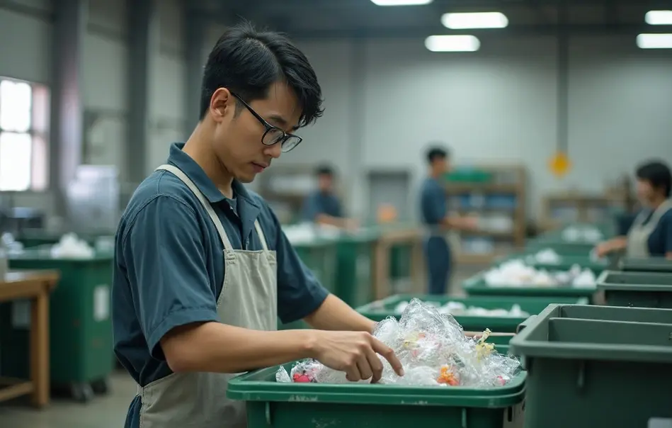 Trabalhador separando materiais recicláveis em indústria de Kakegawa, Shizuoka, Japão