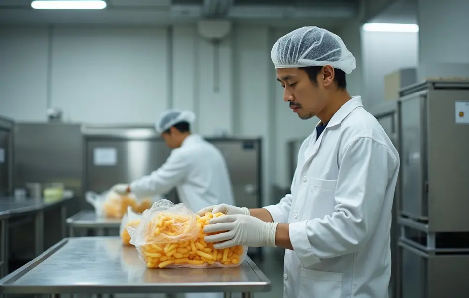 Trabalhador nikkei separando e embalando alimentos industrializados em fábrica moderna em Hamamatsu, Shizuoka