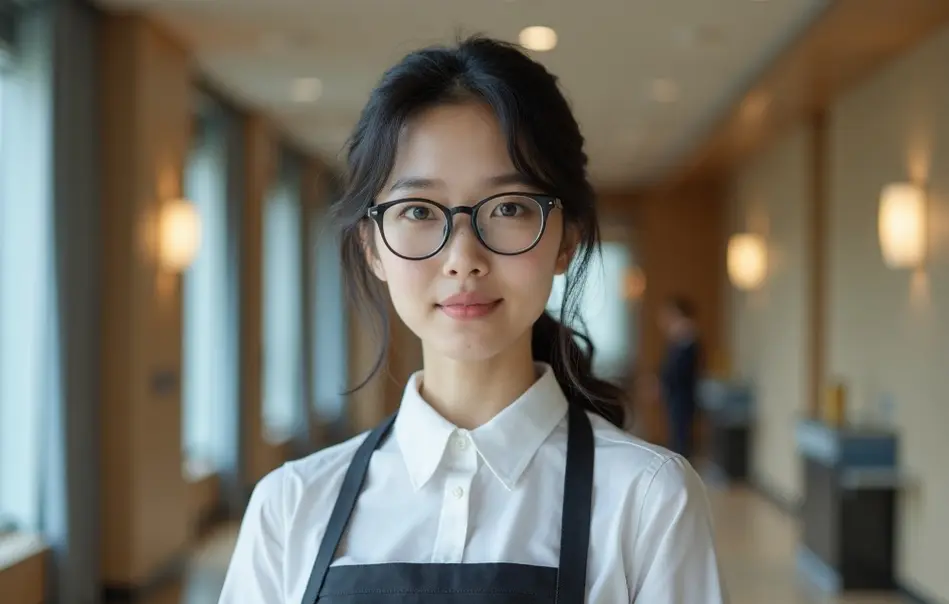 Profissional nikkei em serviços de hotelaria em Osaka, Japão, ambiente moderno e acolhedor